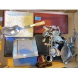 A cased carving set; a cased dessert serving set; other boxed and loose cutlery and silver plate,