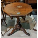 A Victorian mahogany pedestal table with octagonal top, turned column and triple scroll feet,