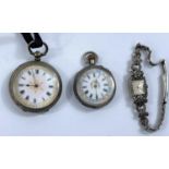 2 Edwardian open faced keyless fob watches in chased white metal cases, with painted enamel dials; a