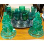 A pair of 19th century pressed green glass figures of Punch & Judy, anchor mark, 17cm; a selection