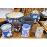 A Wedgwood blue Jasperware biscuit barrel and fruit bowl with EPNS mounts and other similar china