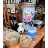 A modern Chinese ceramic stick stand decorated with birds and flowers and a jardiniere etc