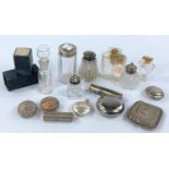 A selection of silver top and other scent bottles; selection of filigree and other miniature boxes.