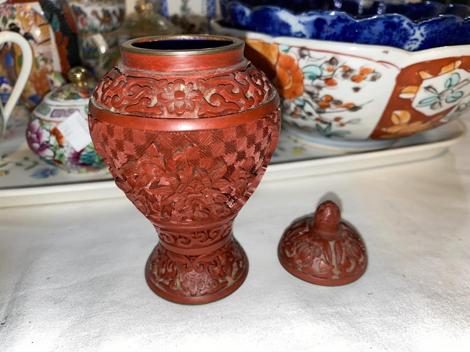 A selection of oriental china:  2 Chinese famille rose teapots; an Imari dish; an Indo/Persian - Image 3 of 4