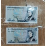 GB:  2 Samuelson £5 notes, consecutive numbers with Offset printing