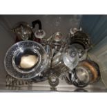 Two silver plated wine holders, a Mappin & Webb tazzer stand and other silver plate etc.