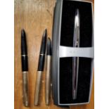 A CROSS fountain pen, cased, circa 2006; 3 PARKER PENS.