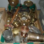 A 19th century copper kettle; various similar pewter measures; other pewter and metalware