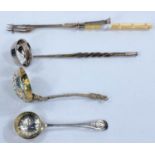 2 ornate hallmarked silver sifter spoons and a pickle fork; a small Georgian toddy label (unmarked)