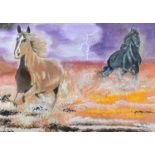 Dave Smith: 'Fleeing the Storm', two frightened horses running from a lightening storm, acrylic,