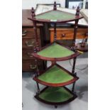 A reproduction mahogany corner fitting whatnot and a nest of oak occasional tables