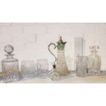 An e.p.n.s. and cut glass claret jug; two square decanters and a cut glass tankard.