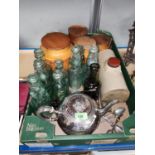 A collection of 9 Victorian glass bottles; a set of 5 1970's Hornsea Kitchen storage jars, a