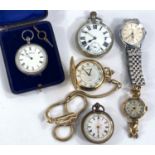 An open faced key wound fob watch in chased white metal; a gents open faced keyless pocket watch;