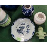 A Chinese blue & white plate, two Chinese blue & white Ginger Jars and a jade coloured lidded vase.