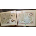 Two reproduction antique maps, framed and glazed; a selection of hunting and other prints