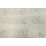 A selection of animator sketches of a sequence from The BFG of Sophie in water pool, in pencil