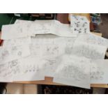 A large selection of various animated character model sheets photocopied including Popeye,