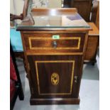 An Edwardian style inlaid mahogany bedside cabinet and a shield shaped dressing table mirroe