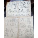 Idefix and Panoramix, 2 character animation model sheet prints with some pin and sellotape marks