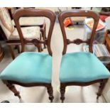 A set of 4 Victorian mahogany balloon back dining chairs with turquoise seats and turned legs