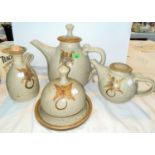 Morgan Pottery, 4 pieces of stoneware studio pottery:  large teapot, smaller teapot, jug and