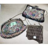 A 1930's evening purse in 2 colour mesh; 2 tapestry evening purses with gilt metal mounts