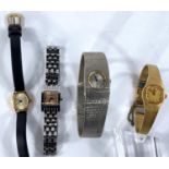 A ladies 9 carat hallmarked gold "Sovereign" wristwatch on black leather strap; 2 other ladies
