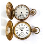A gold plated keyless half hunter pocket watch by Lever Bros, New York (ticking; hairline crack to