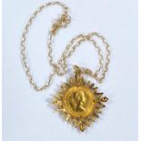 A QEII sovereign, 1968, in 9 carat gold mount and chain, total weight 14.8 gm
