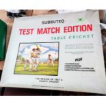 A boxed set of Subbuteo Test Match Cricket in a box; similar rugby Subbuteo and another game.