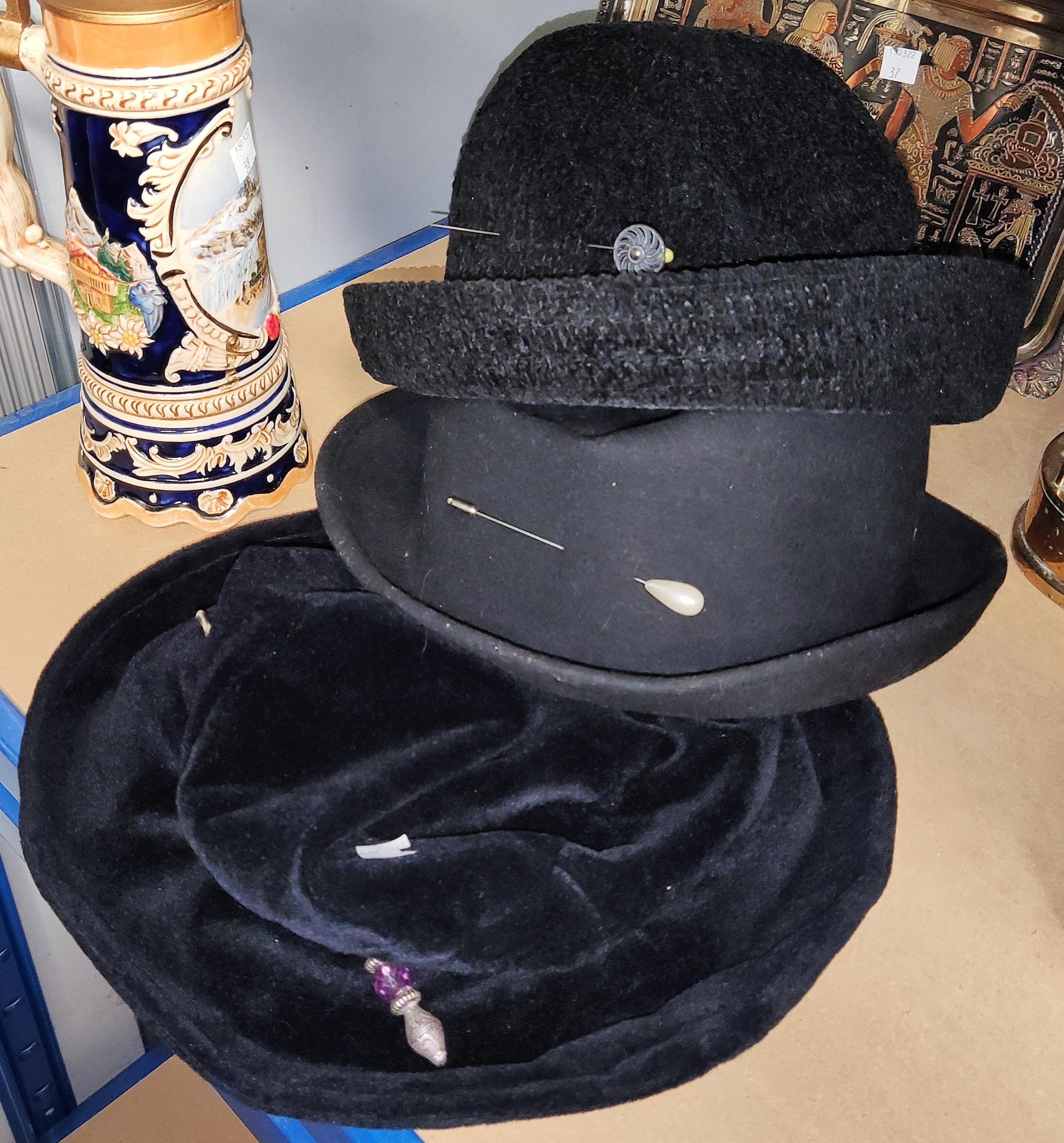 A musical stein; 4 vintage hats with hatpins