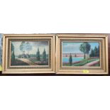 A pair of German School oils on board of country scenes, 18 x 28cm gilt frames, signed indistinctly