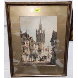Charles Rousse (British) water colour of Cathedral in street, framed and glazed