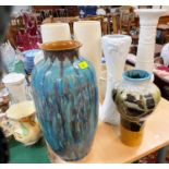 A Chinese stoneware vase with incised decoration (rim at fault); studio pottery vase signed CMR +