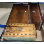 A 19th century inlaid walnut workbox; 2 similar boxes