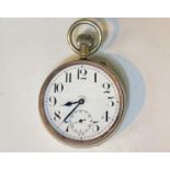 An oversize 'railwayman's' keyless pocket watch, with open face, in silver plated case (ticking)