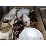 A part tea set; a Royal Doulton Burns plate; a stoneware 'foot warmer'; decorative china and glass