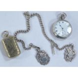 A hallmarked silver open face pocket watch with hallmarked silver Albert chain with two medallions