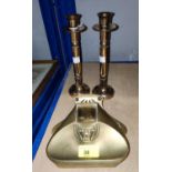 An Art Nouveau style brass double inkwell; a pair of brass candlesticks; a brass inkbottle tray