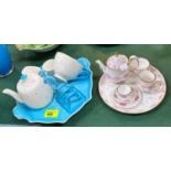 A Royal Winton turquoise & cream polka dot 'Tea for Two' set; a miniature floral 'Tea for One' set