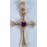 A yellow metal cross pendant set central amethyst coloured stone and 4 clear stones, stamped 14k,