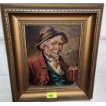 A continental school oil on board, half length portrait of an old man with a pipe and beer in gilt