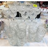 Two sets of six cut hock glasses and other drinking glasses