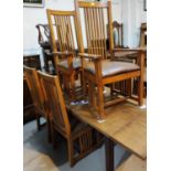 A set of 6 (4 + 2) stripped dining chairs after Frank Lloyd Wright, with stick backs and sides