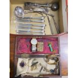 A selection of vintage costume jewellery and a selection of cutlery etc