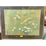 Chinese/Japanese School:  Exotic bird on flowering shrub, watercolour on sectional cork panel,