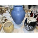 A Royal Lancastrian eggshell blue ovoid vase, 23cm; a Wade VAT 69 jug and a Nowell vase