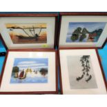 Four silk embroidered pictures of Far Eastern scenes of a fishing boat with net just offshore at 4