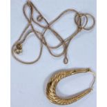 A single 9ct hallmarked gold hoop earring; a 9ct hallmarked gold thin chain, total 5.1gms